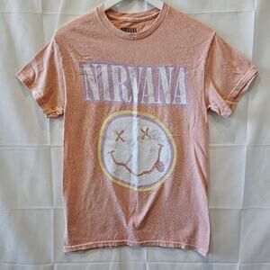 Nirvana Women's Band Music Graphic Retro Pink Short Sleeve Shirt Size Small